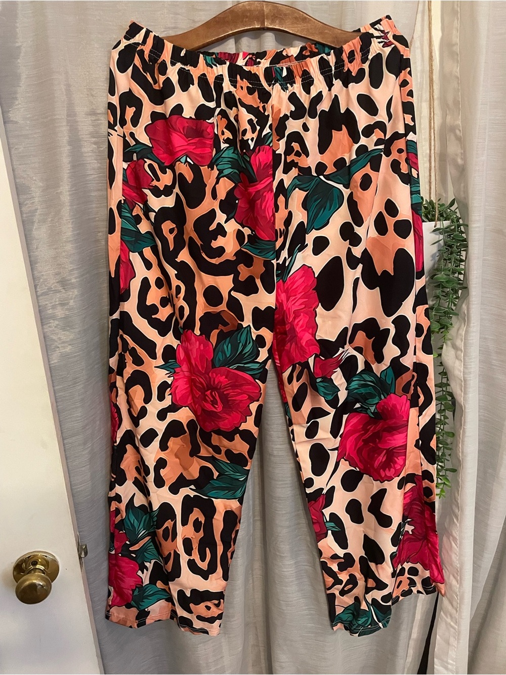 Floral & Leopard Print Wide Leg Pants - Pink, Black & Green